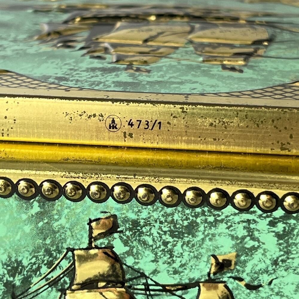 Vintage Tin Cigar Container Made In West Germany Ship Motif Green Teal Gold 8"L - Picture 5 of 7